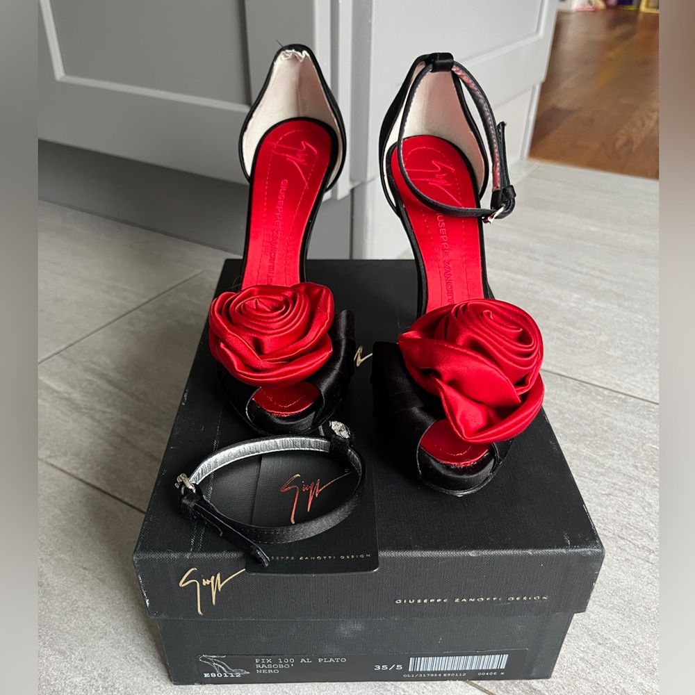 Giuseppe Zanotti Black Satin Peep-Toe Heels with Red Rose Accent - Picture 2 of 6